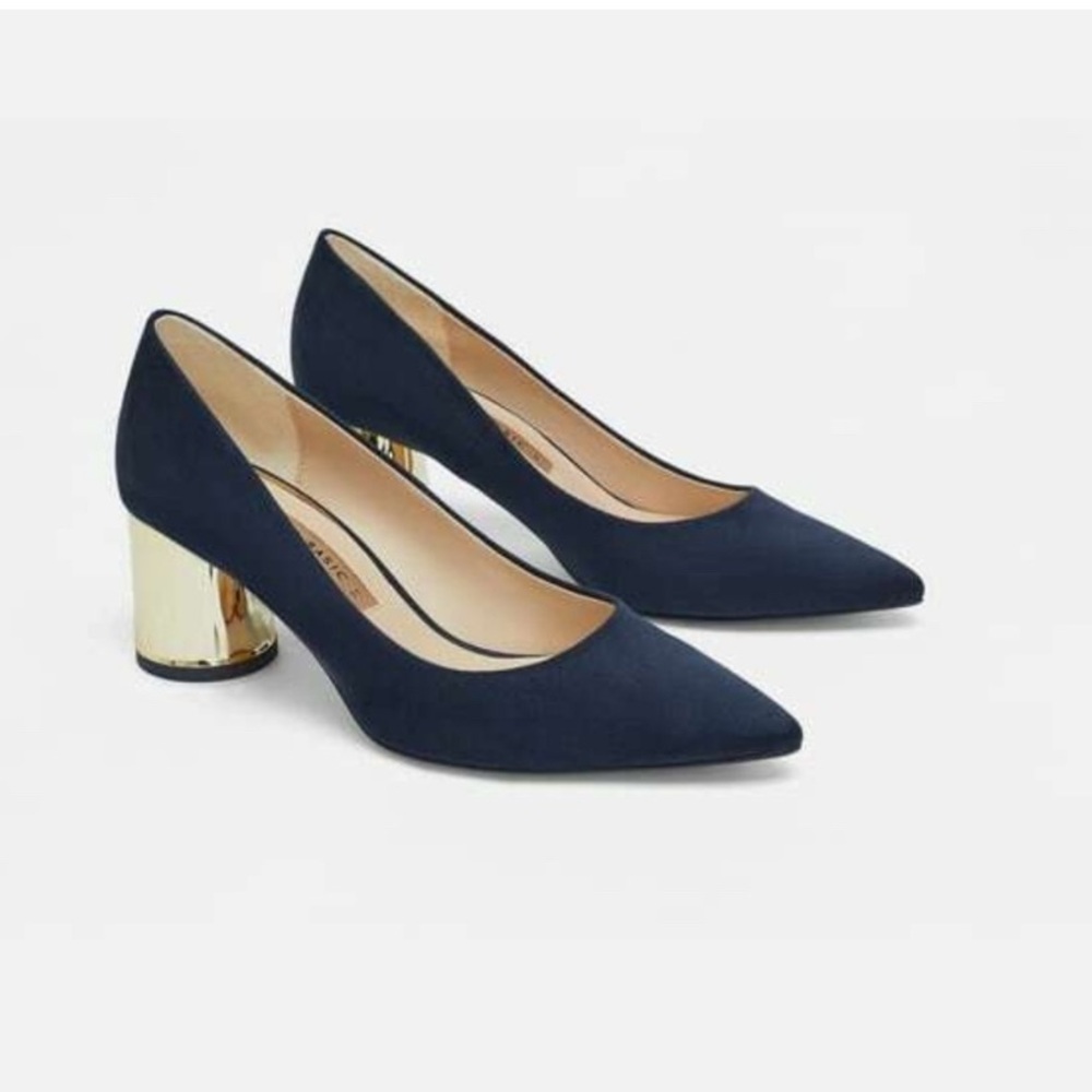 ZARA LAMINATED PUMPS SHOES Block Heel Navy Blue/Gold Heel - Picture 1 of 9